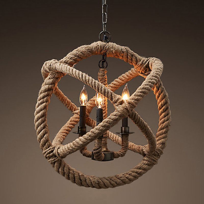 Factory Globe Chandelier Lamp 3 Heads Hemp Rope Pendant Lighting Fixture in Beige