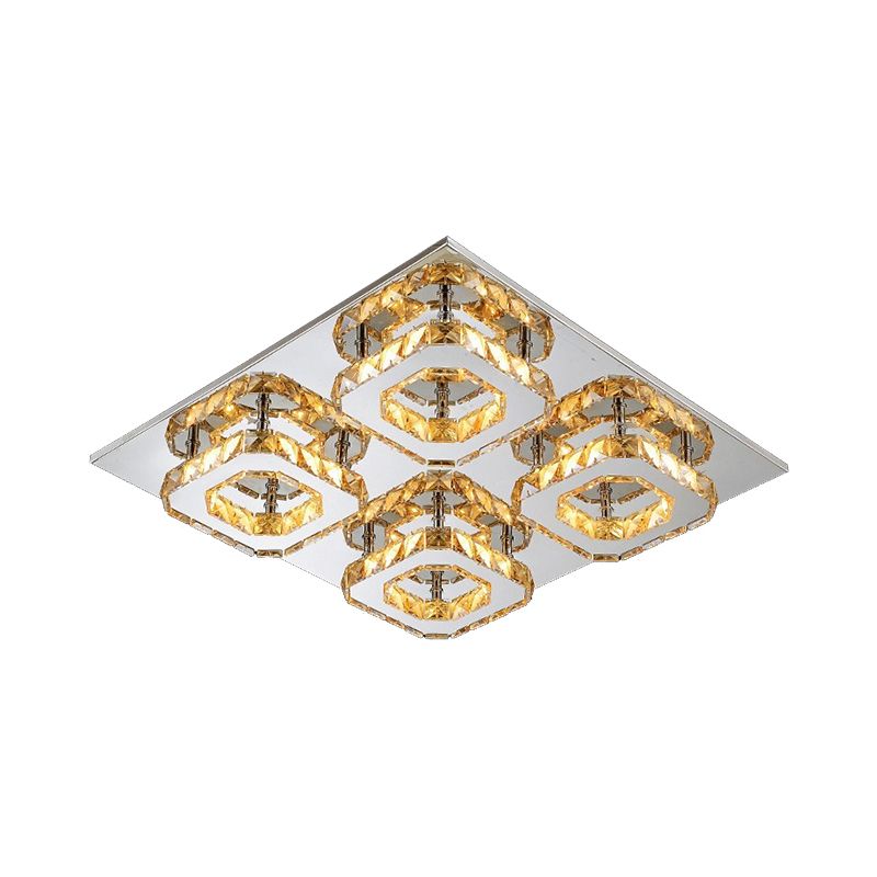 Block Flush Ceiling Light Modern Style Faceted Crystal Chrome Flushmount Lighting