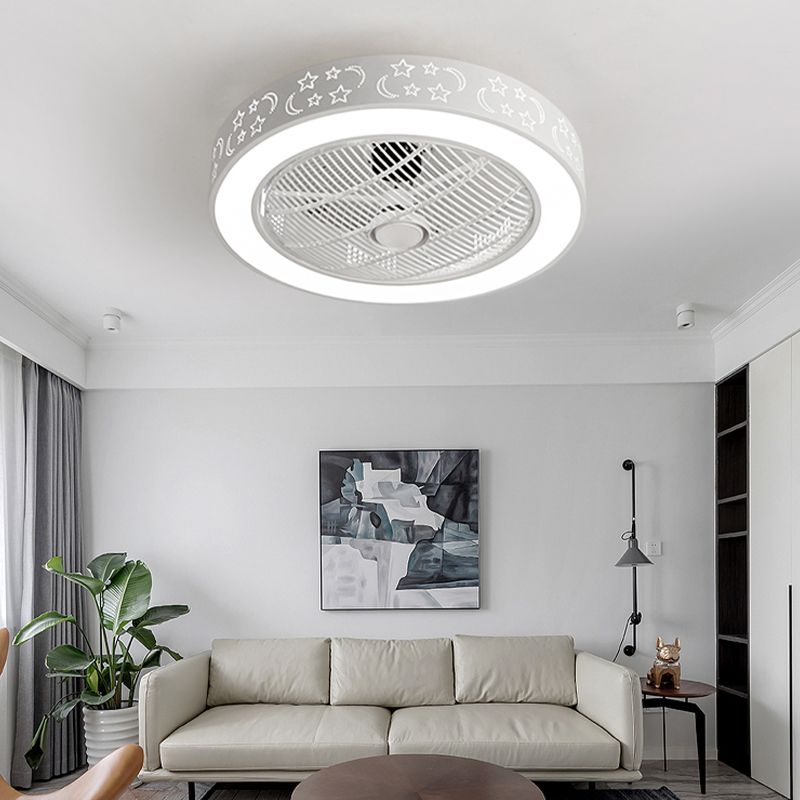 White Drum Shaped Fan Lamp Nordic LED Metal Semi Flush Light Fixture for Bedroom