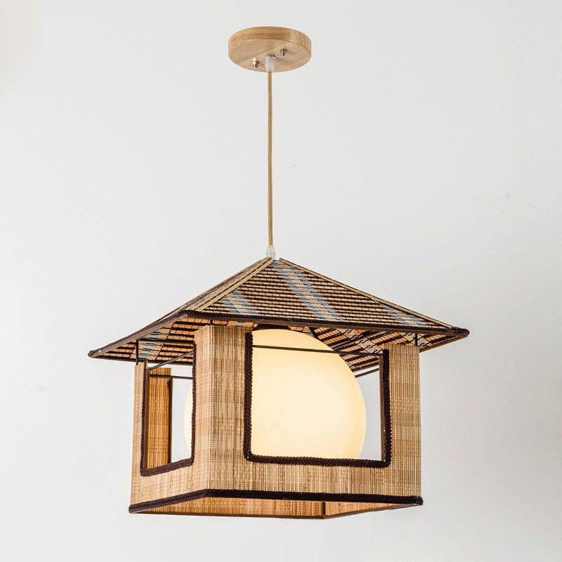 Kit di luce a sospensione asiatica Kit Light Bamboo Lampada appesa a letto in legno con combente di vetro a cupola all'interno