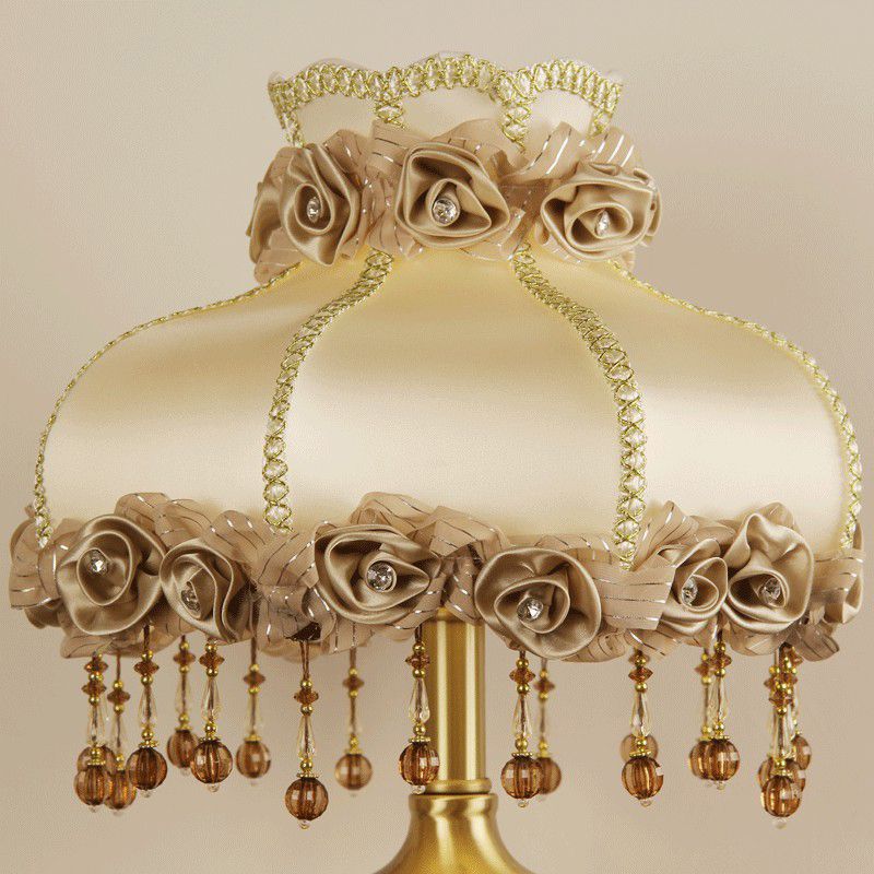 Brass 1-Bulb Night Stand Lamp Vintage Fabric Flower Table Light with Beaded Trim