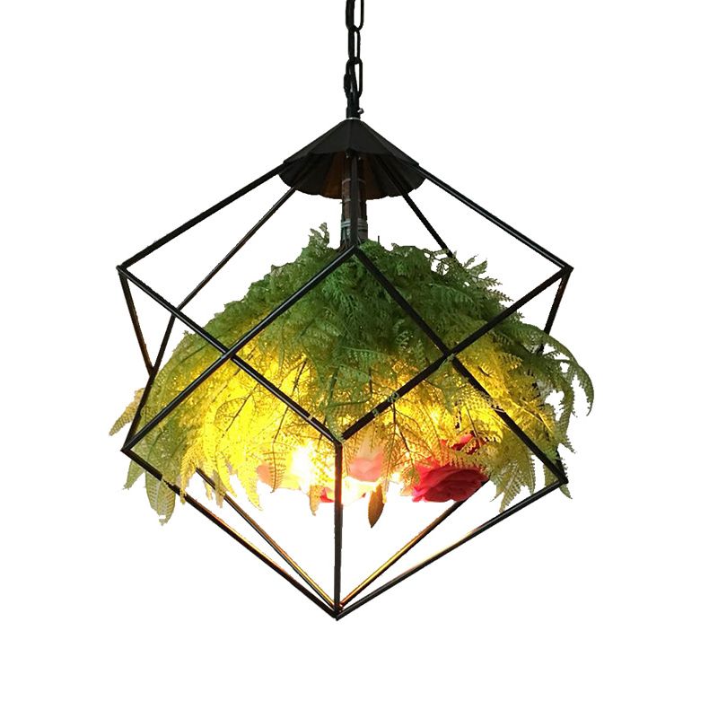 18"/21.5" Wide 1 Head Metal Pendant Lamp Antique Black Geometric Restaurant LED Down Lighting with Plant Decoration