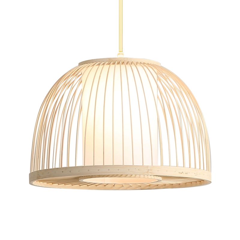 Dome Hanging Light Modernism Bamboo 1 Bulb 14"/16" Wide Wood Ceiling Pendant Lamp with Inner Fabric Shade