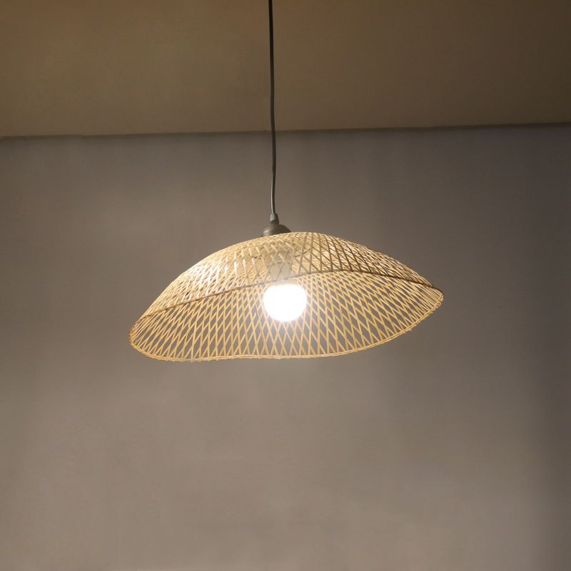 Wavy-Edge Dome Suspension Lighting Simple Bamboo Single Head 14"/18"/22.5" Wide Beige Ceiling Pendant