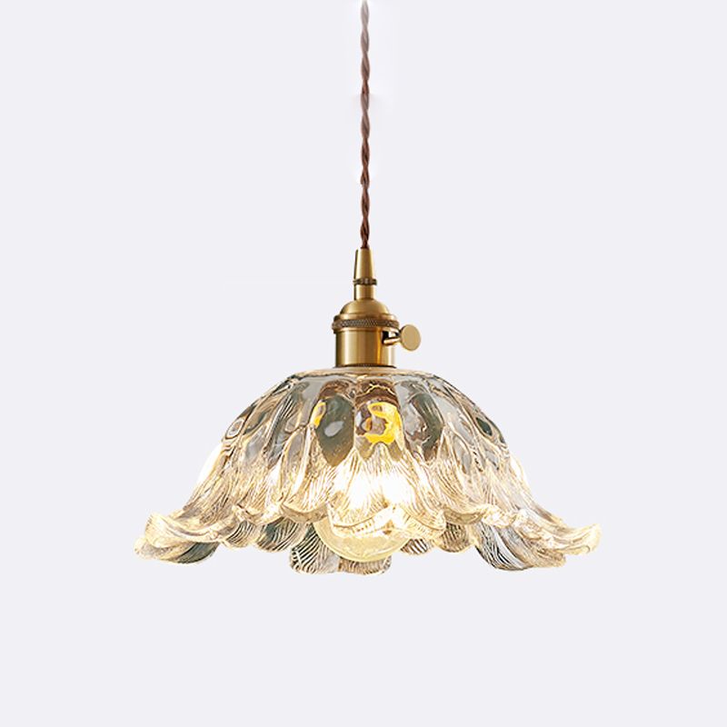 Clear Textured Glass Brass Pendant Floral 1-Light Vintage Hanging Light for Dining Room