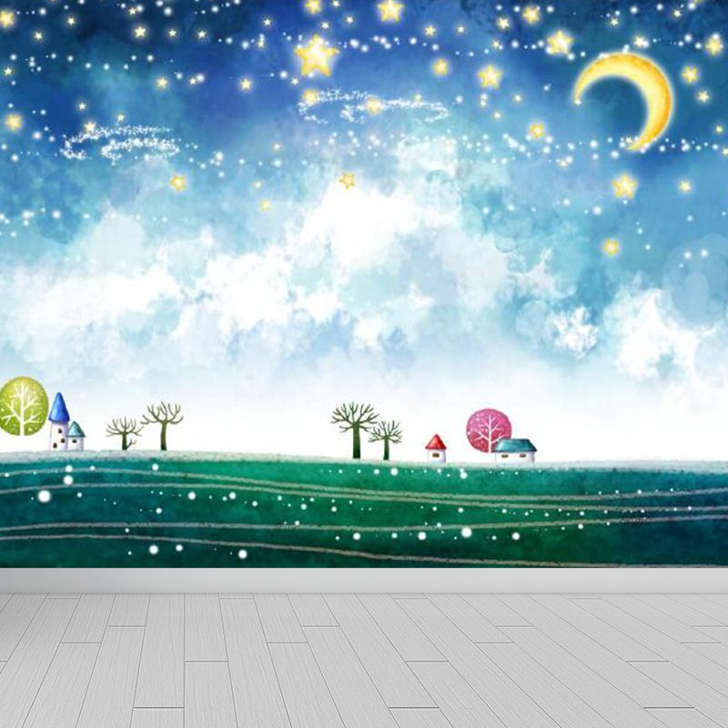 Moon and Stars Mural Decal Kid's Style Non-Woven Textured Wall Covering in Soft Color