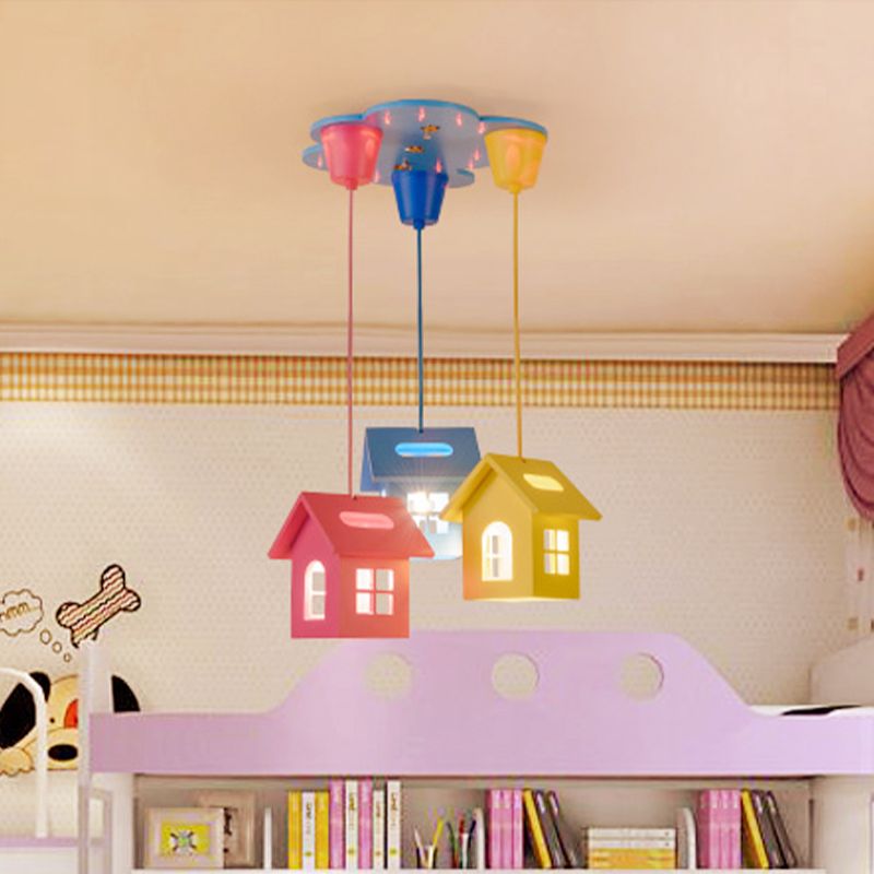 3-Head Bedroom Cluster Pendant Lighting Kids Blue-Pink-Yellow Hanging Light with House Wooden Shade