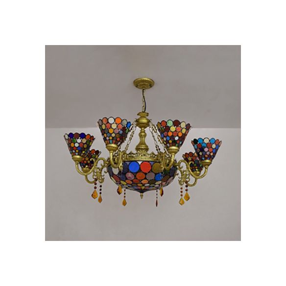 Lustre en cône de verre tachée Lumière rustique 11 lumières lustre inversé avec motif de cercle coloré