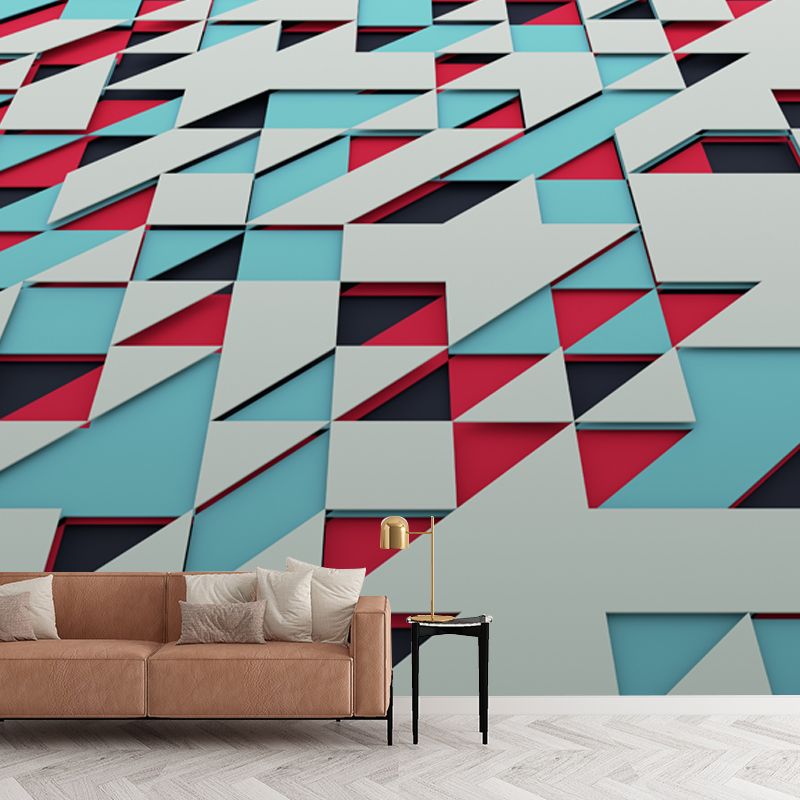 Blue-Red Triangle Mural Decal 3D Geometric Modern Washable Wall Decoration for Home