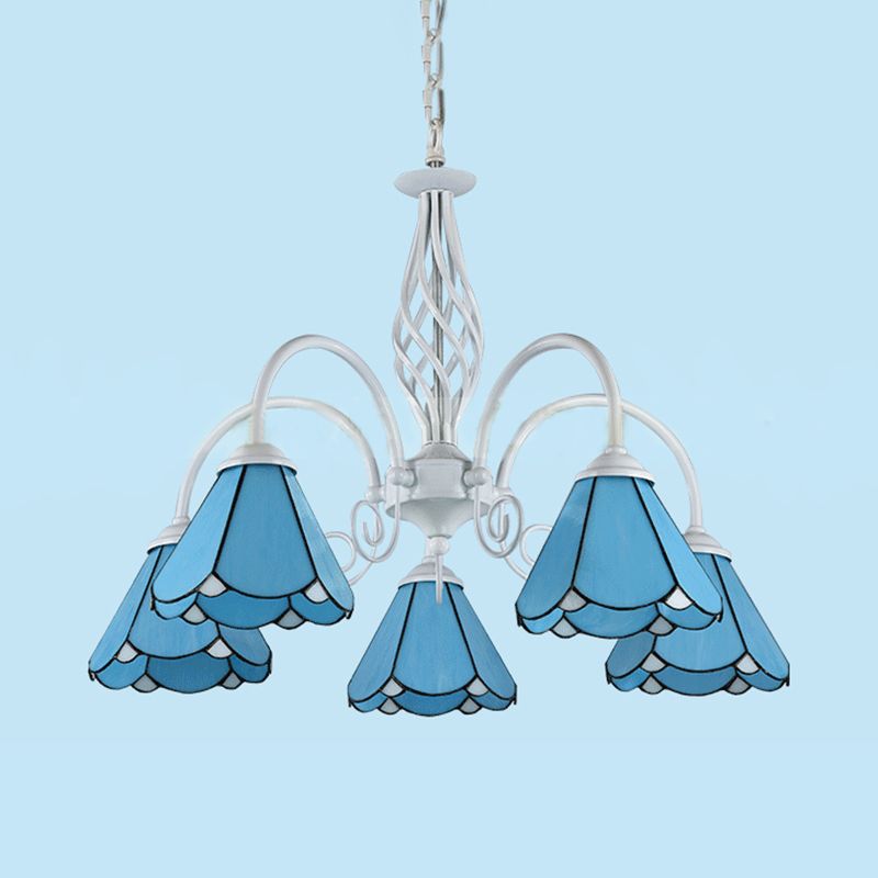 5 Lights Cone Hanging Light with Metal Chain and Gooseneck Stained Glass Vintage Blue Chandelier