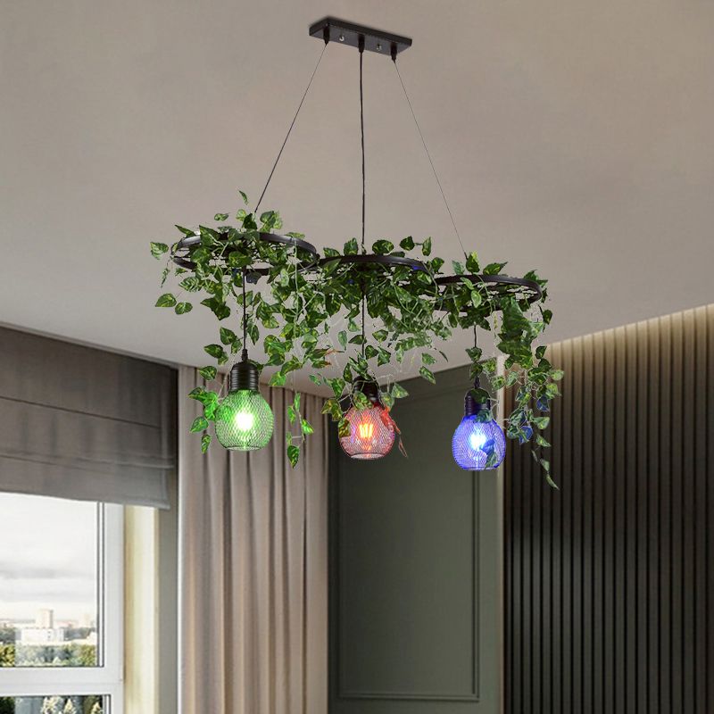 Zwart 3-head cluster Pendant licht Loft Iron Wiel en Globe Cage Down Lighting met groene kunst wijnstok, ronde/lineaire luifel