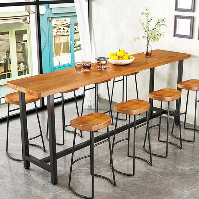 Industrial Metal Frame Bar Table with Trestle Brown Pine Wood Top Bistro Table