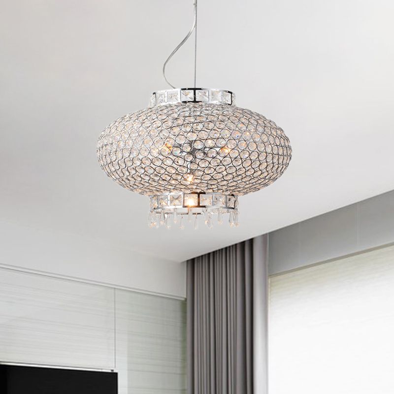 Chrome Finish Lantern Chandelier Lighting Contemporary Metal 4 Lights Hanging Light with Clear Crystal Bead