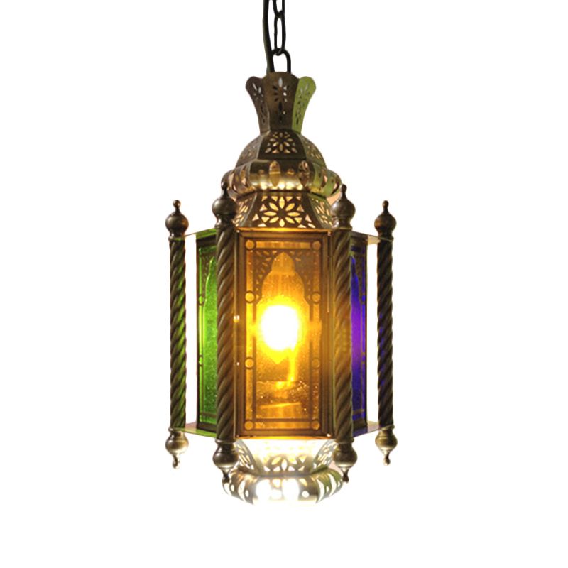 2 Heads Lantern Chandelier Lighting Arab Brass Finish Metallic Hanging Lamp Kit with Multi-Color Glass Shade