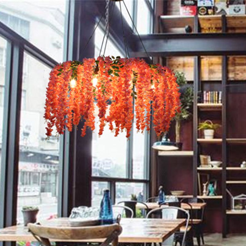 Floral Restaurant Chandelier Lighting Fixture Industrial Metal 6 Bulbs Pink LED Drop Lamp