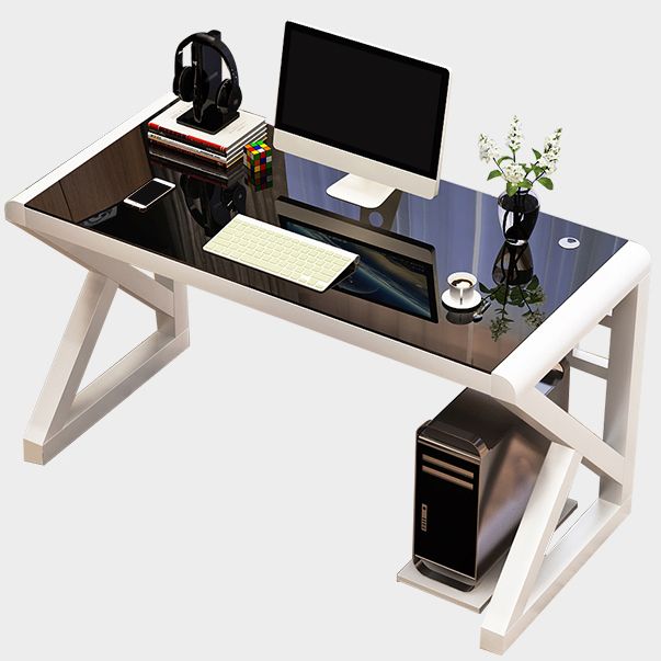 Contemporary Rectangular Computer Desk Toughened Glass Desktop Trestle Base Desk