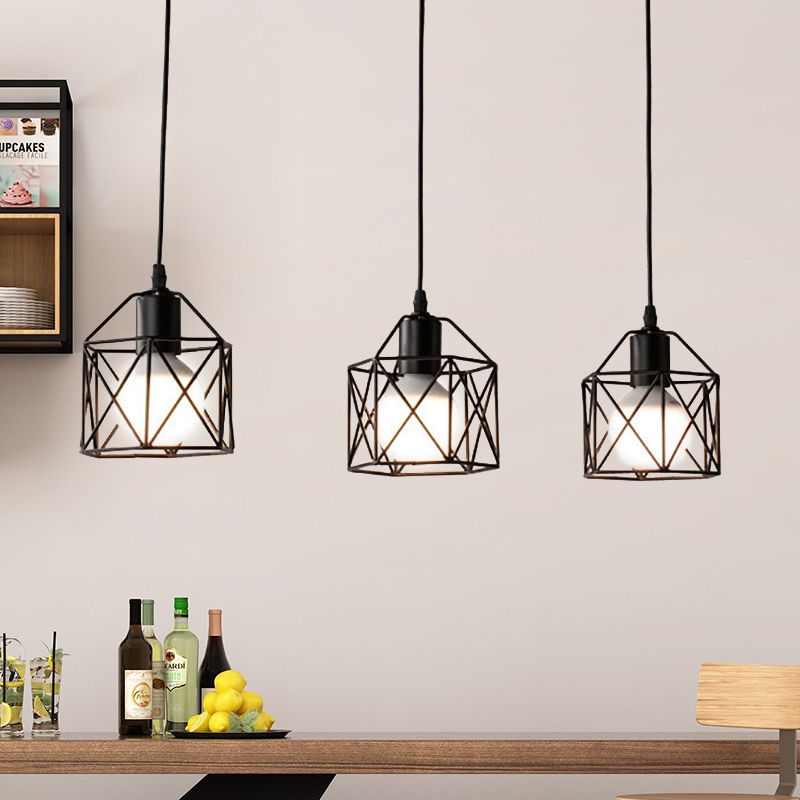 Hexagon Kitchen Ceiling Fixture with Wire Cage Farmhouse Style Metallic 3 Bulbs Black Finish Pendant Light