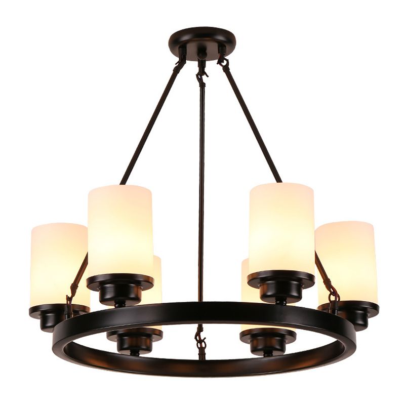 Black Wrought Iron Round Large Chandelier White Glass Cylindrical Shade Traditional Style Lighting Fixture for Dining Room