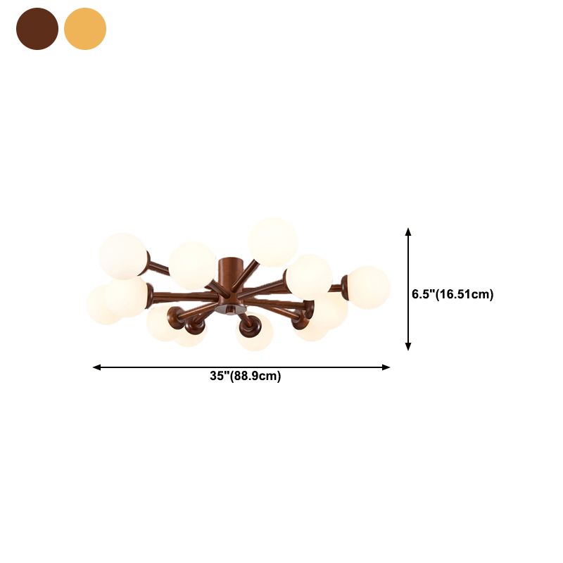 Brown Modern Ceiling Light Ball Shape Wood Flush Mount with Glass Shade for Bedroom