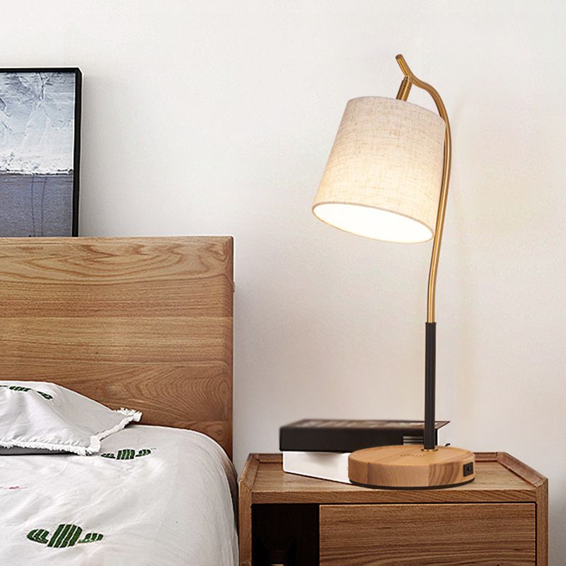 Barrel Shaped Bedside Nightstand Lamp Fabric 1 Bulb Simplicity Table Light with Gooseneck Arm