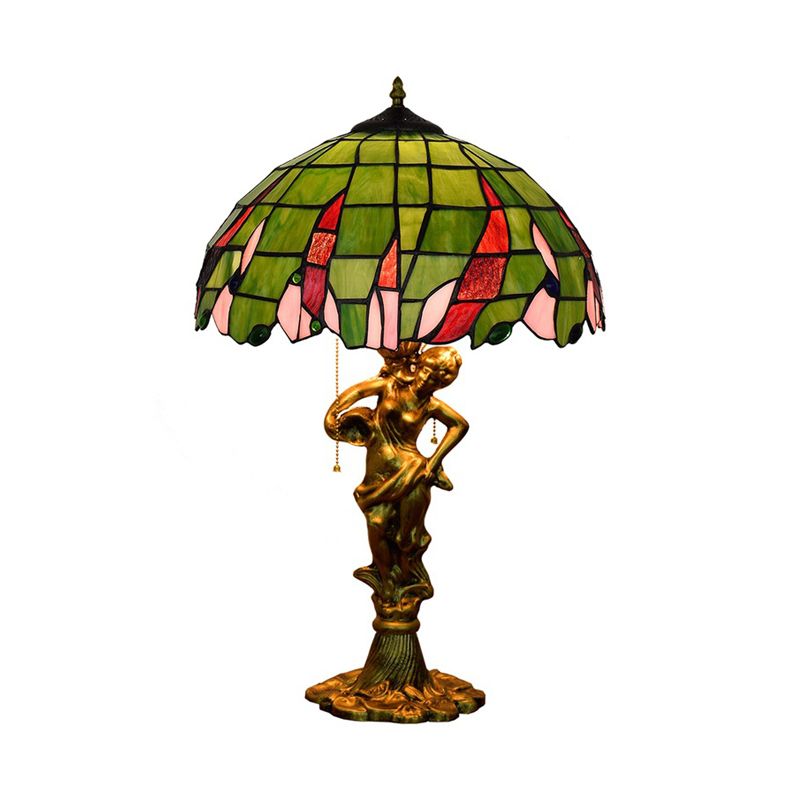 Bronze Lady Holding A Pot Table Light Tiffany 3-Light Resin Pull Chain Night Lamp with Jewel-Embellished Shade