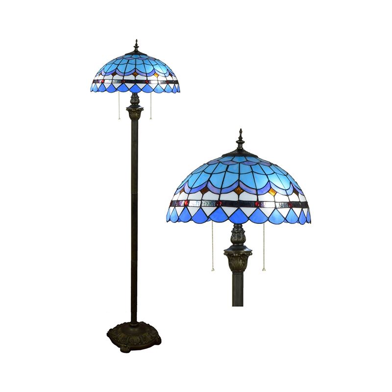 Tiffany Dome Shade Standing Light 2 Bulbs Handcrafted Glass Floor Lamp with Pull Chain