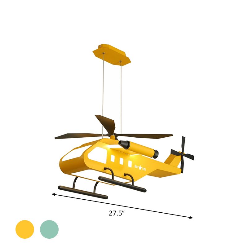 Cartoon LED Pendant Lighting with Metal Shade Yellow/Green Helicopter Hanging Lamp kit for Boys Room