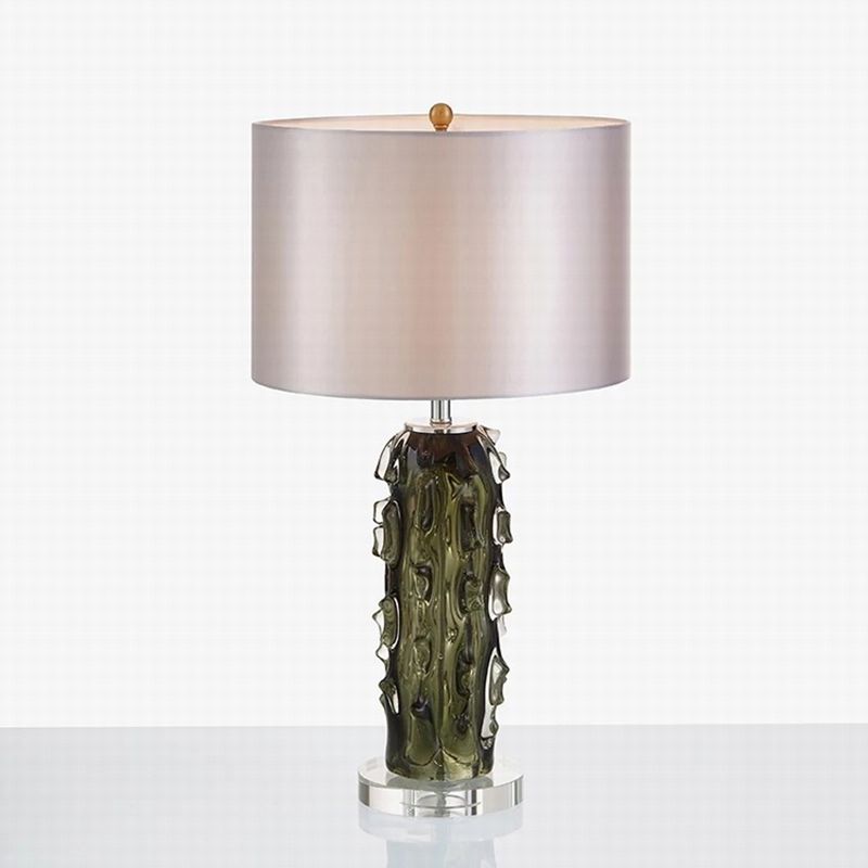 1 Head Night Stand Lamp Modern Pale Barrel Fabric Shade Table Light with Embossed Crystal Column in Dark Gray