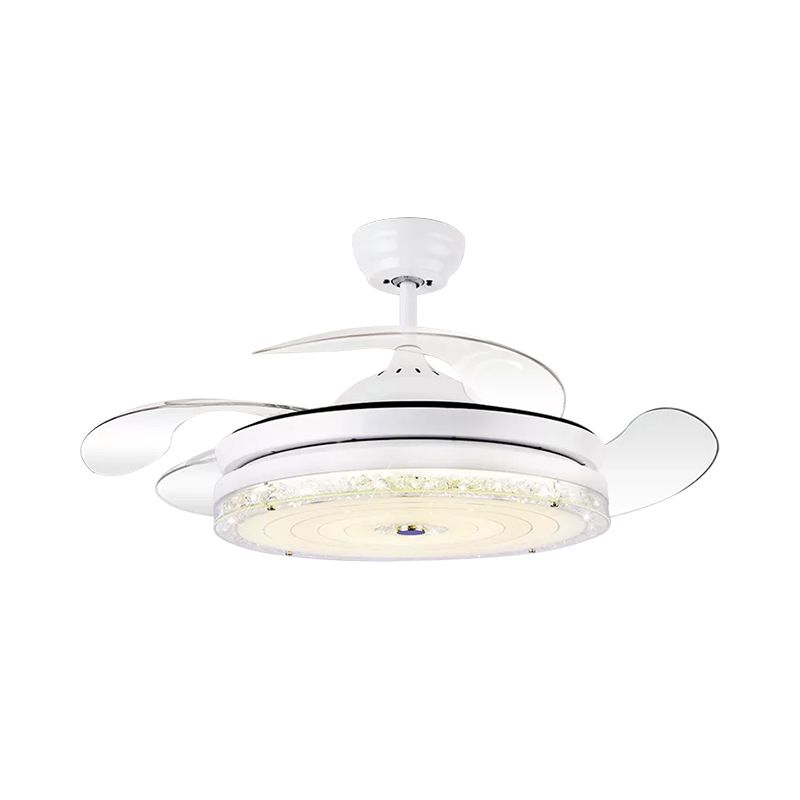 4-Blade Circle Ceiling Fan Light Minimalism Cut Crystal 19" Wide LED Restaurant Semi Mount Lighting in White/Gold