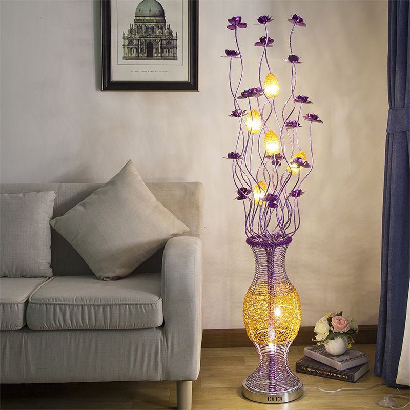 Decorative Vine Shape Standing Lamp LED Aluminum Bloom Floor Reading Light with Vase Pedestal in Purple