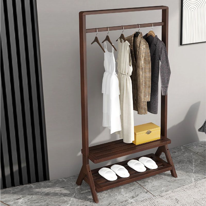 Contemporary Style Coat Hanger Solid Wood Double Shelves Coat Rack for Living Room