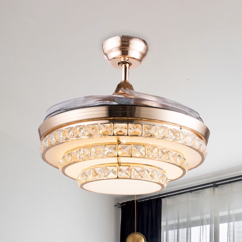 42.5" Wide Gold 3 Tiers Semi Flush Light Modernist Crystal Living Room LED Flush Mount Ceiling Fan Light with 3 Blades