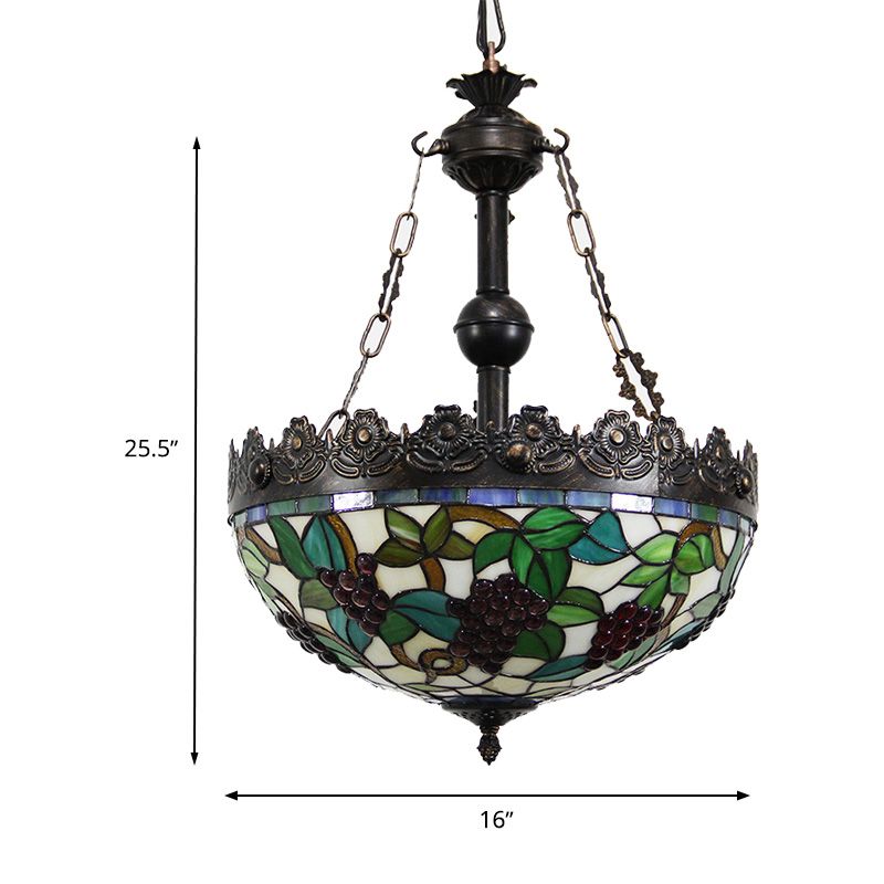 Green 3 Lights Chandelier Lighting Fixture Tiffany Stained Glass Grape Hanging Pendant for Living Room