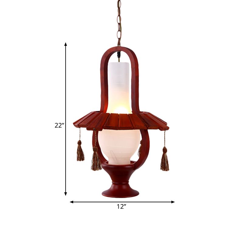 Kerosene Opal Glass Hanging Light Fixture Retro Style 1-Bulb Dining Room Ceiling Lamp in Red Brown with Wood Frame