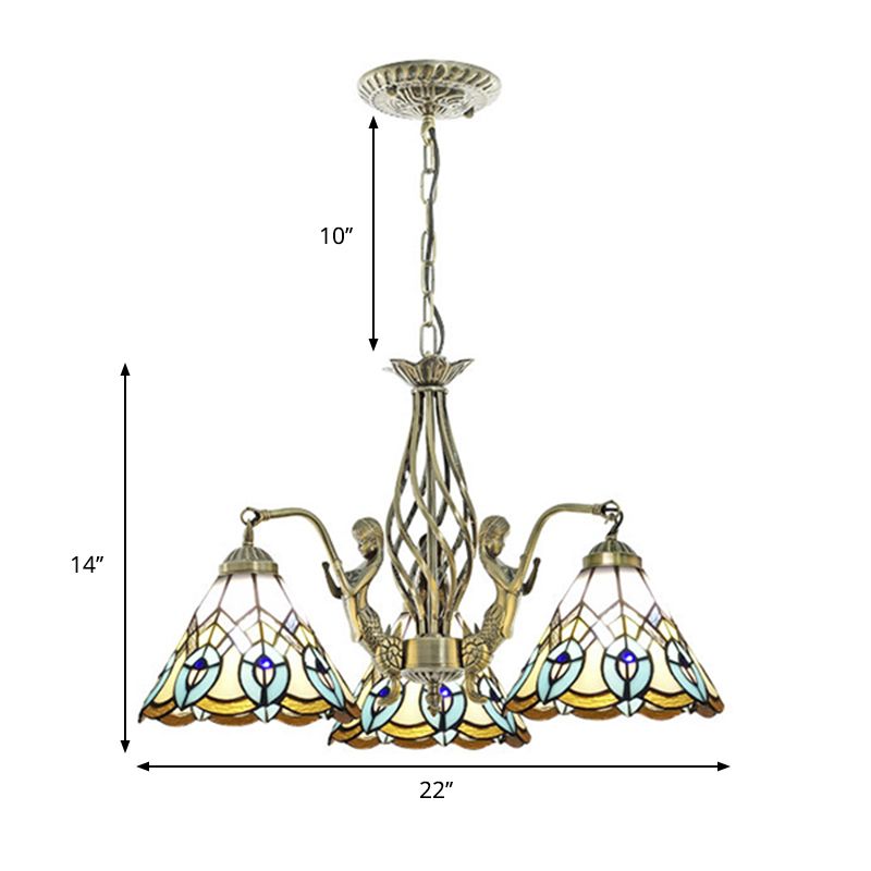 Cone Stained Glass Chandelier Lighting Tiffany 3 Lights White Ceiling Lamp with Mermaid Deco