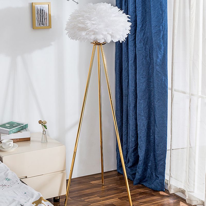 Dome Feather Floor Lamp Minimalist Single Grey/White/Pink Floor Light with Black/White/Gold Tripod for Bedroom