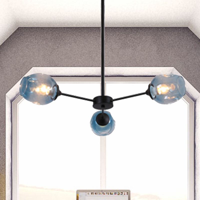 Modernist 3/6/8 Lights Hanging Chandelier Black/Chrome Sputnik Suspension Pendant with Blue/Amber Glass Shade