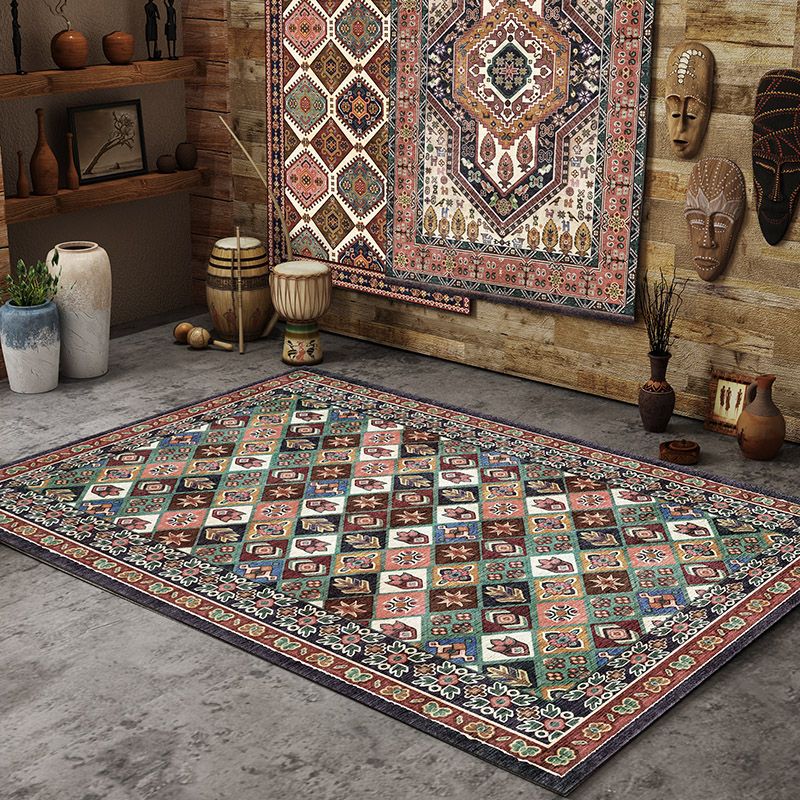 Red Tone Persian Carpet Polyester Moroccan Tile Indoor Rug Anti-Slip Backing Rug for Living Room