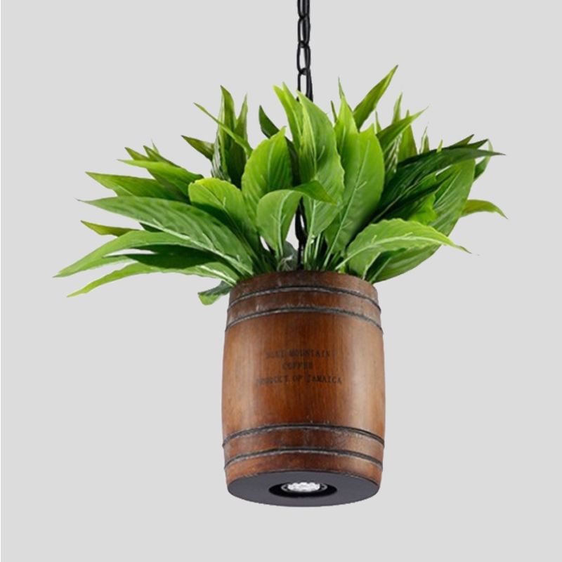 1 Head Barrel Suspension Lamp Industrial Brown Wooden Ceiling Pendant with Plant for Restaurant