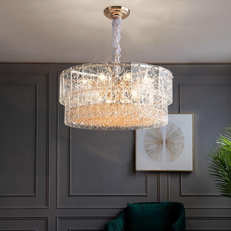 2-Tier Chandelier Pendant Light Modern Clear Glass Hanging Light with Octagonal Crystal Beads