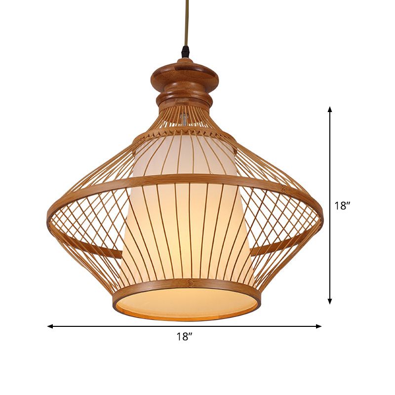 Lampada del soffitto di Bamboo Urn giapponese 1 Luce a sospensione sospesa a testa in beige con tonalità di pergamena bianca conica