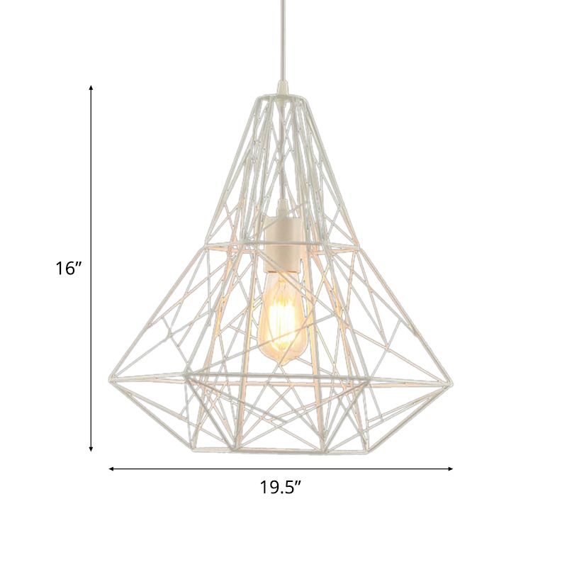 Industrial Cage Diamond Pendant Lighting 1 Head Metallic Hanging Lamp in Black/White for Dining Room, 16"/19.5" Dia