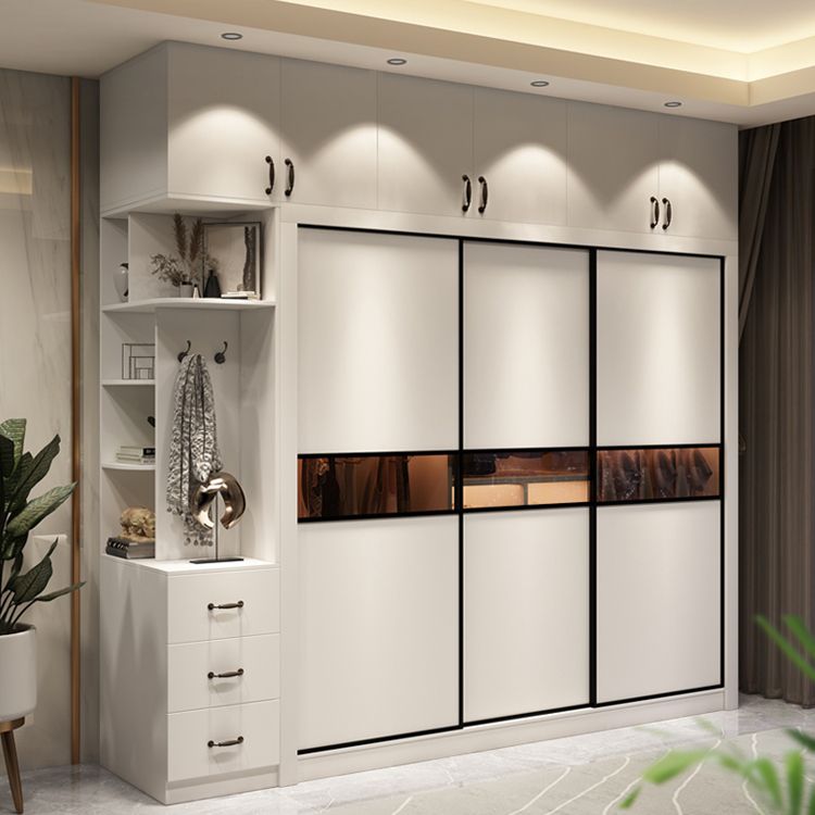 White Modern Wardrobe Armoire Engineered Wood Wardrobe Cabinet with Sliding Doors