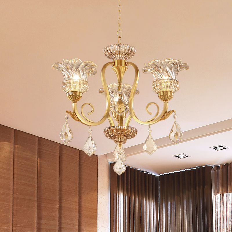 Gold Floral Shade Pendant Chandelier European Draping Crystal Ball 3-Light Living Room Ceiling Suspension Lamp