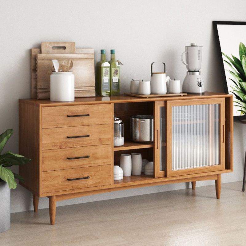 Modern Style Brown Storage Credenza Solid Wood Buffet Sideboard with 4-Drawer