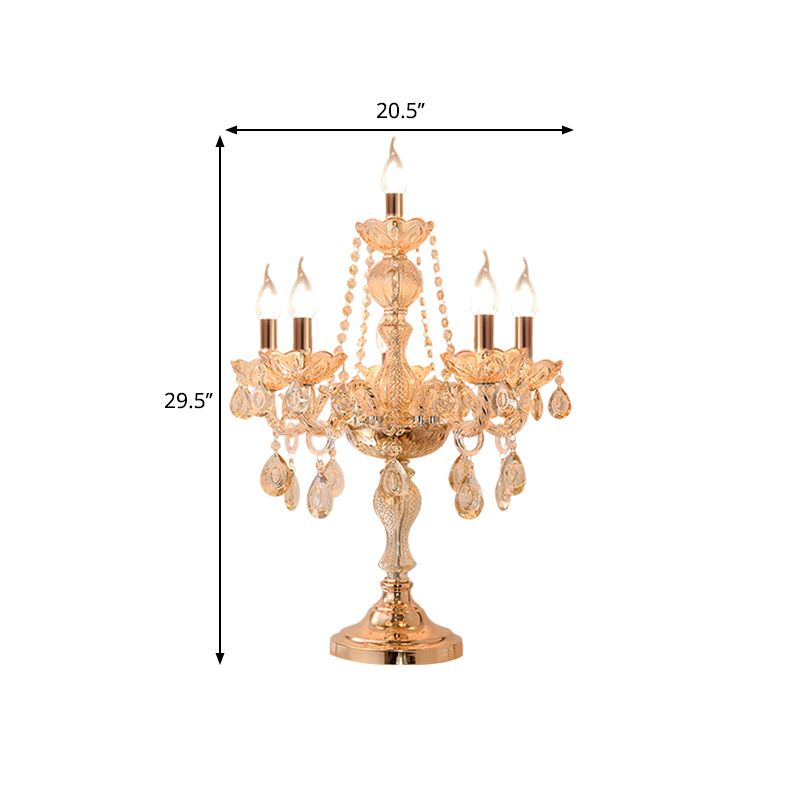 5/6 Heads Candelabra Table Light Traditional Gold Crystal Droplets Nightstand Lamp with/without White Bell Fabric Shade