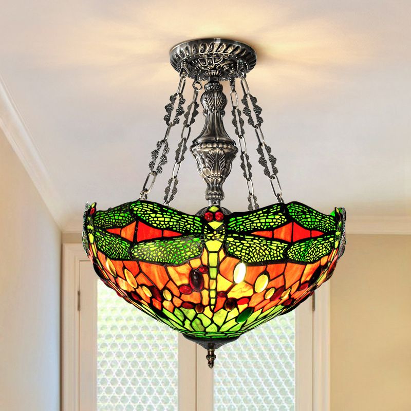 Green 3 Lights Suspension Lamp Tiffany Stained Glass Bowl Chandelier with Dragonfly Pattern and Gem-Like Cabochons