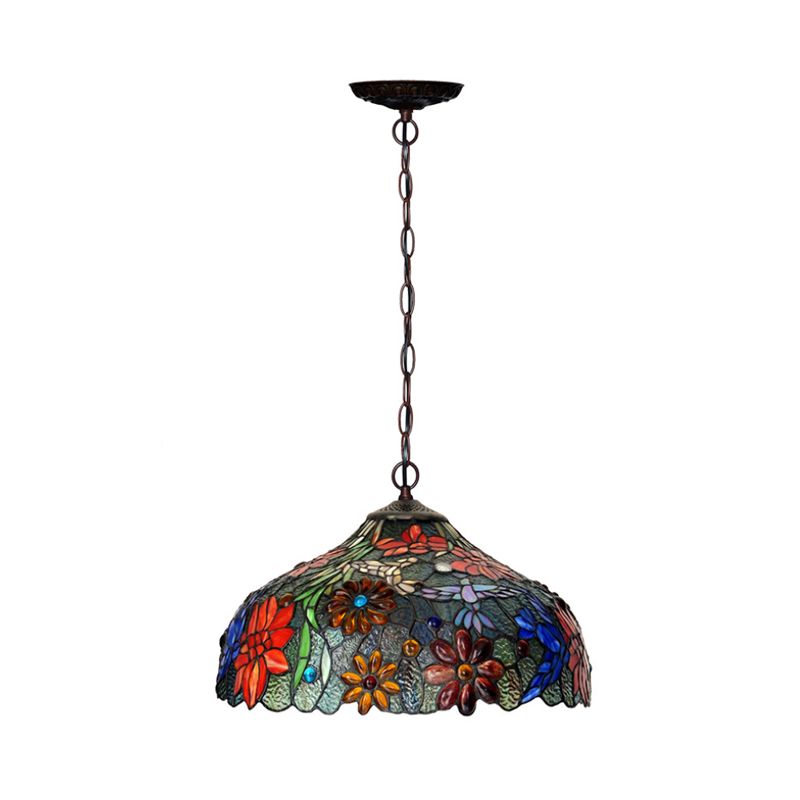 Petal Red/Yellow/Blue Cut Glass Chandelier Light Fixture 3 Lights Bronze Suspension Lighting for Dining Room