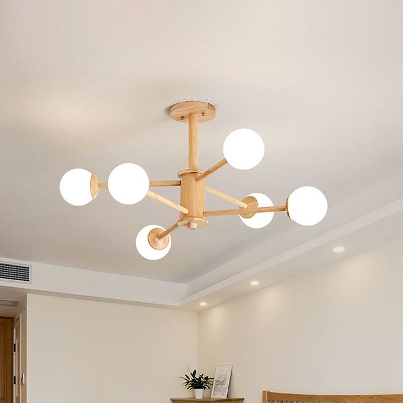 Starburst Chandelier Lighting Contemporary Wooden 6/8/12 Lights Hanging Ceiling Lamp Fixture with White Glass Ball Shade in Natural Wood