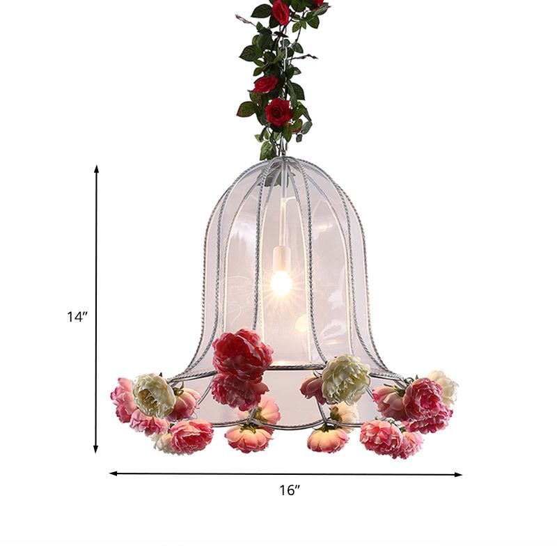 16"/23.5" W 1 Bulb Metal Pendant Light Fixture Industrial Chrome Bell Restaurant LED Hanging Lamp Kit with Rose Decor